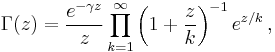 \Gamma(z) = \frac{e^{-\gamma z}}{z} \prod_{k=1}^\infty \left(1 + \frac{z}{k}\right)^{-1} e^{z/k}\,,