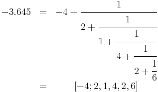 \begin{matrix}
-3.645 & = & -4 + \cfrac{1}{2 + \cfrac{1}{1 + \cfrac{1}{4 + \cfrac{1}{2 + \cfrac{1}{6}}}}} \\
& = & [-4; 2, 1, 4, 2, 6]
\end{matrix}