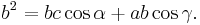 b^2 = bc\cos\alpha + ab\cos\gamma.\,