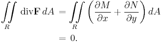 \begin{align}\iint\limits_R \, \operatorname{div} \mathbf{F} \,dA\, &= \iint\limits_R \left (\frac{\partial M}{\partial x} + \frac{\partial N}{\partial y} \right) dA \\&= \,0.\end{align}\ 