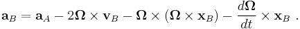 
\mathbf{a}_{B} = 
\mathbf{a}_A - 2 \boldsymbol\Omega \times \mathbf{v}_{B} - \boldsymbol\Omega \times (\boldsymbol\Omega \times   \mathbf{x}_B )  - \frac{d \boldsymbol\Omega}{dt} \times \mathbf{x}_B \ .
