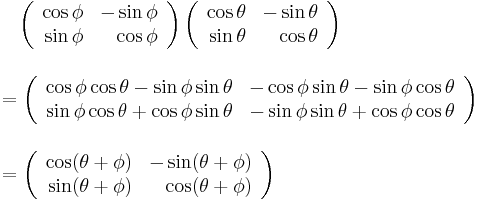 
\begin{align}
& {} \quad
\left(\begin{array}{rr}
  \cos\phi    & -\sin\phi  \\
  \sin\phi & \cos\phi
\end{array}\right)
\left(\begin{array}{rr}
  \cos\theta    & -\sin\theta  \\
  \sin\theta & \cos\theta
\end{array}\right) \\[12pt]
& = \left(\begin{array}{rr}
  \cos\phi\cos\theta - \sin\phi\sin\theta  & -\cos\phi\sin\theta - \sin\phi\cos\theta  \\
  \sin\phi\cos\theta + \cos\phi\sin\theta & -\sin\phi\sin\theta + \cos\phi\cos\theta 
\end{array}\right) \\[12pt]
& = \left(\begin{array}{rr}
  \cos(\theta+\phi) & -\sin(\theta+\phi) \\
  \sin(\theta+\phi) & \cos(\theta+\phi)
\end{array}\right)
\end{align}
