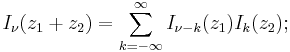 I_\nu (z_1+z_2)= \sum_{k=-\infty}^\infty I_{\nu-k}(z_1)I_k(z_2);