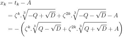 \begin{align}
x_k & = t_k - A \\
 & = \zeta^k . \sqrt[3]{-Q + \sqrt{D}} + \zeta^{2k} . \sqrt[3]{-Q - \sqrt{D}} - A \\
 & = -\left( \zeta^k . \sqrt[3]{Q - \sqrt{D}} + \zeta^{2k} . \sqrt[3]{Q + \sqrt{D}} + A \right) \\
\end{align}