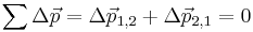 \sum{\Delta{\vec{p}}}=\Delta{\vec{p}_{1,2}} + \Delta{\vec{p}_{2,1}} = 0