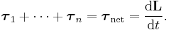 \boldsymbol{\tau}_1 + \cdots + \boldsymbol{\tau}_n = \boldsymbol{\tau}_{\mathrm{net}} = \frac{\mathrm{d}\mathbf{L}}{\mathrm{d}t}.