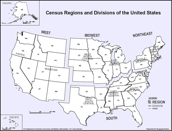 map of the United States divided and separated into four major areas for taking of the census