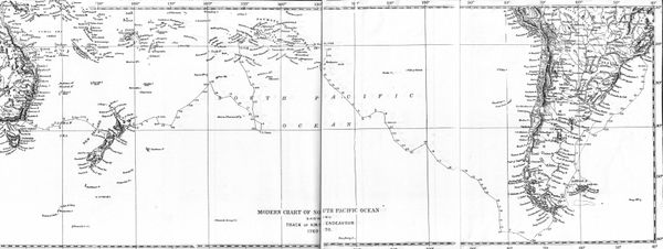 Map: A line runs from Rio de Janeiro in South America, generally southward to Cape Horn and then west and northwest through the south Pacific ocean to Tahiti and the Society Islands. The line then moves south and west to New Zealand, west to the Australian coast and north to Cape York.