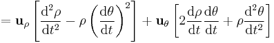  = \mathbf{u}_{\rho} \left[ \frac {\mathrm{d}^2 \rho }{\mathrm{d}t^2}-\rho\left( \frac {\mathrm{d} \theta} {\mathrm{d}t}\right)^2 \right] + \mathbf{u}_{\theta}\left[ 2\frac {\mathrm{d} \rho}{\mathrm{d}t} \frac {\mathrm{d} \theta} {\mathrm{d}t} + \rho \frac {\mathrm{d}^2 \theta} {\mathrm{d}t^2}\right] \ 