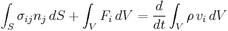 \int_S \sigma_{ij}n_j \, dS + \int_V F_i \, dV = \frac{d}{dt}\int_V \rho \, v_i \, dV\,\!