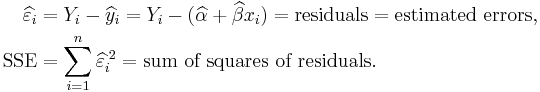 
\begin{align}
\widehat\varepsilon_i & = Y_i - \widehat y_i = Y_i - (\widehat\alpha + \widehat\beta x_i) = \text{residuals} = \text{estimated errors}, \\
\text{SSE} & = \sum_{i=1}^n \widehat\varepsilon_i^{\;2} = \text{sum of squares of residuals}.
\end{align}
