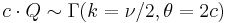 c\cdot Q \sim {\Gamma}(k=\nu/2, \theta=2c)\,