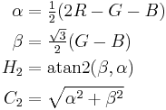 \begin{align}
  \alpha &= \textstyle{\frac{1}{2}}(2R - G - B) \\
  \beta  &= \textstyle{\frac{\sqrt{3}}{2}}(G - B) \\
  H_2    &= \operatorname{atan2}(\beta, \alpha) \\
  C_2    &= \sqrt{\alpha^2 + \beta^2}
\end{align}