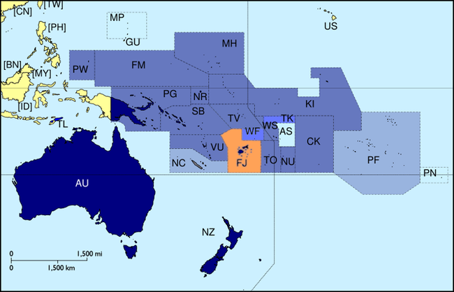 Map indicating the members and observers of the Pacific Islands Forum