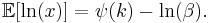 \mathbb{E}[\ln(x)] = \psi(k) - \ln(\beta). \, 