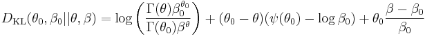 
D_{\mathrm{KL}}(\theta_0,\beta_0 || \theta, \beta) = \log\left(\frac{\Gamma({\theta})\beta_0^{\theta_0}}{\Gamma(\theta_0)\beta^{\theta}}\right)+(\theta_0-\theta)(\psi(\theta_0)-\log \beta_0)+\theta_0\frac{\beta-\beta_0}{\beta_0}
