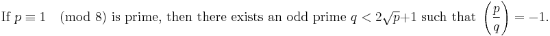 
\mbox{If }p \equiv 1 \pmod 8 \mbox{ is prime, then there exists an odd prime }q <2\sqrt p+1 \mbox{ such that }\left(\frac{p}{q}\right) = -1.
