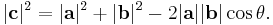  |\mathbf{c}|^2 = |\mathbf{a}|^2 + |\mathbf{b}|^2 - 2 |\mathbf{a}||\mathbf{b}| \cos \theta. \,