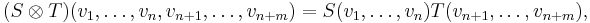 (S\otimes T)(v_1,\ldots, v_n, v_{n+1},\ldots, v_{n+m}) = S(v_1,\ldots, v_n)T( v_{n+1},\ldots, v_{n+m}),