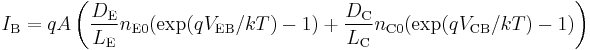 I_{\text{B}} = q A \left ( \frac{D_{\text{E}}}{L_{\text{E}}} n_{\text{E}0} ( \exp ( q V_{\text{EB}} / kT ) - 1) + \frac{D_{\text{C}}}{L_{\text{C}}} n_{\text{C}0} ( \exp ( q V_{\text{CB}} / k T ) - 1 ) \right )