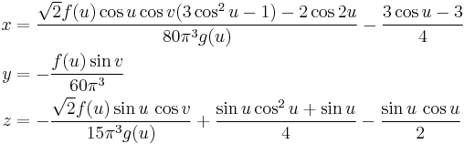 \begin{align}
x & = \frac{ \sqrt{2} f(u) \cos u \cos v (3\cos^{2}u - 1) - 2\cos 2u}{80\pi^{3}g(u)}-\frac{3\cos u -3}{4}\\
y & = -\frac{f(u)\sin v}{60\pi^{3}}\\
z & = -\frac{\sqrt{2}f(u)\sin u \,\cos v}{15\pi^{3}g(u)}+\frac{\sin u \cos^{2} u + \sin u}{4}-\frac{\sin u\,\cos u}{2}
\end{align}