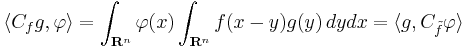 \langle C_fg, \varphi\rangle = \int_{\mathbf{R}^n}\varphi(x)\int_{\mathbf{R}^n}f(x-y)g(y)\,dydx = \langle g, C_{\tilde{f}}\varphi\rangle