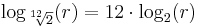 \log_{\sqrt[12] 2}(r) = 12 \cdot \log_2 (r)