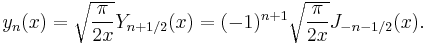 y_{n}(x) = \sqrt{\frac{\pi}{2x}} Y_{n+1/2}(x) = (-1)^{n+1} \sqrt{\frac{\pi}{2x}} J_{-n-1/2}(x).