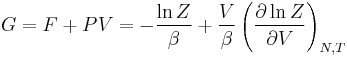 G = F+PV=-{\ln Z\over \beta} + {V\over \beta} \left( \frac{\partial \ln Z}{\partial V}\right)_{N,T}