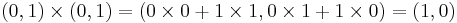 (0,1) \times (0,1) = (0 \times 0 + 1 \times 1,0 \times 1 + 1 \times 0) = (1,0)