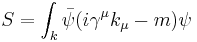  S= \int_k  \bar\psi( i\gamma^\mu k_\mu - m ) \psi 