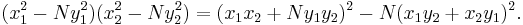 (x_1^2 - Ny_1^2)(x_2^2 - Ny_2^2) = (x_1x_2 + Ny_1y_2)^2 - N(x_1y_2 + x_2y_1)^2.