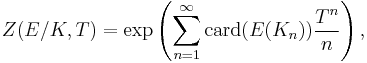 Z(E/K, T)= \exp \left(\sum_{n=1}^{\infty}  \mathrm{card} (E(K_n))  {T^n\over n} \right),