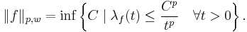 \|f\|_{p,w} = \inf\left\{C \mid \lambda_f(t) \le \frac{C^p}{t^p}\quad\forall t>0 \right\}.