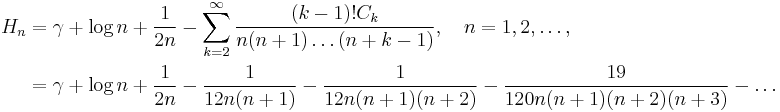 
\begin{align}
 H_n &= \gamma + \log n + \frac1{2n}
        - \sum_{k=2}^{\infty}\frac{(k-1)!C_k}{n(n+1)\dots(n+k-1)},\quad n=1,2,\dots,\\
     &= \gamma + \log n + \frac1{2n}
        - \frac1{12n(n+1)} - \frac1{12n(n+1)(n+2)} - \frac{19}{120n(n+1)(n+2)(n+3)} - \dots
\end{align}
