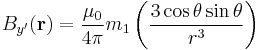 
B_{y'}(\mathbf{r}) = \frac{\mu_0}{4 \pi} m_1 \left(\frac{3\cos\theta\sin\theta}{r^3}\right)
