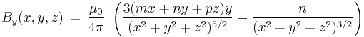 B_y(x,y,z)\,=\,\frac{\mu_0}{4 \pi}\,\,\left(\frac{3(mx+ny+pz)y}{(x^2+y^2+z^2)^{5/2}}-\frac{n}{(x^2+y^2+z^2)^{3/2}}\right)