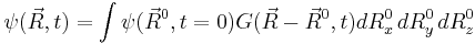 \psi(\vec R, t) = \int \psi(\vec R^0,t=0) G(\vec R - \vec R^0,t) dR_x^0\,dR_y^0\,dR_z^0