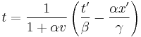 t=\frac{1}{1+\alpha v}\left(\frac{t'}{\beta}-\frac{\alpha x'}{\gamma}\right)