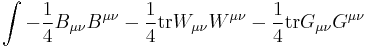 \int - {1\over 4} B_{\mu\nu} B^{\mu\nu} - {1\over 4}\mathrm{tr} W_{\mu\nu}W^{\mu\nu} - {1\over 4} \mathrm{tr}G_{\mu\nu} G^{\mu\nu}