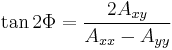 
\tan 2\Phi = \frac{2A_{xy}}{A_{xx} - A_{yy}}
