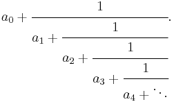 a_0 + \cfrac{1}{a_1 + \cfrac{1}{a_2 + \cfrac{1}{a_3 + \cfrac{1}{a_4+\ddots}}}}.