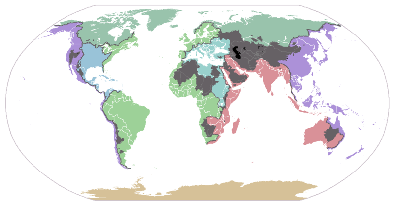 Major continental divides, showing drainage into the major oceans and seas of the world. Grey areas are endorheic basins that do not drain to the ocean.