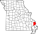 A state map highlighting Cape Girardeau County in the southeastern part of the state.