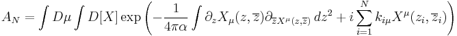  A_N = \int  D\mu \int  D[X] \exp \left( -\frac{1}{4\pi\alpha} \int \partial_z X_\mu(z,\overline{z}) \partial_{\overline{z}  X^\mu(z,\overline{z})} \, dz^2 + i \sum_{i=1}^N  k_{i \mu} X^\mu (z_i,\overline{z}_i) \right) 