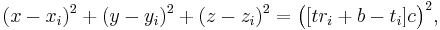 (x-x_i)^2 + (y-y_i)^2 + (z-z_i)^2 = \bigl([tr_i + b - t_i]c\bigr)^2,