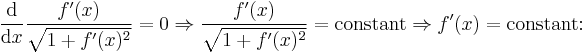  \frac{\mathrm{d}}{\mathrm{d}x} \frac{f'(x)}{\sqrt{1 + f'(x)^2}} = 0 \Rightarrow \frac{f'(x)}{\sqrt{1 + f'(x)^2}} = \text{constant} \Rightarrow f'(x) = \text{constant:}