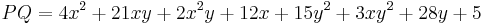 PQ=4x^2+21xy+2x^2y+12x+15y^2+3xy^2+28y+5