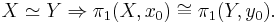 X \simeq Y \Rightarrow \pi_1(X,x_0) \cong \pi_1(Y,y_0). \, 