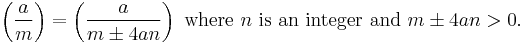 
\left(\frac{a}{m}\right)
=\left(\frac{a}{m \pm 4an}\right)\mbox{ where }n \mbox{ is an integer and } m\pm4an>0.
